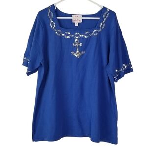 NWT Quacker Factory Royal Blue Nautical Tee Shirt with Sequin Anchor Print 1X